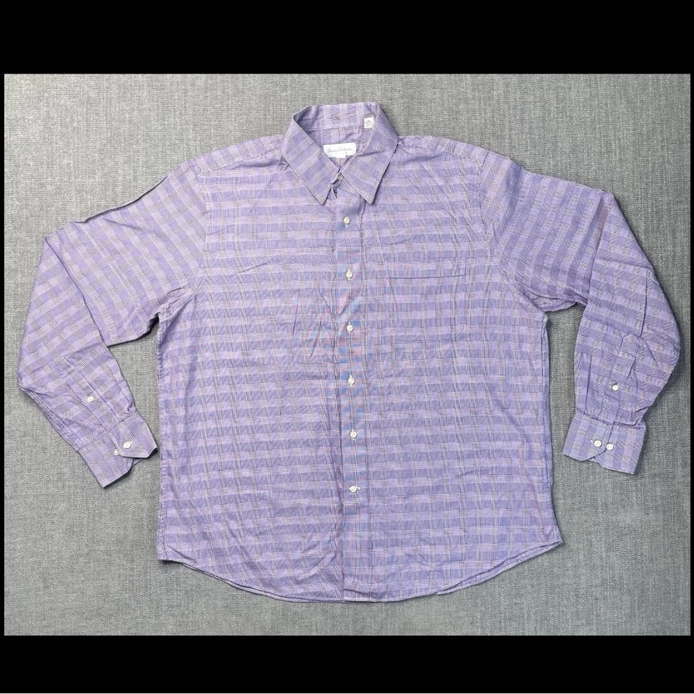 Tommy Bahama Shirt Mens 17 36 37 Button Down Light Purple Plaid Cotton Dress